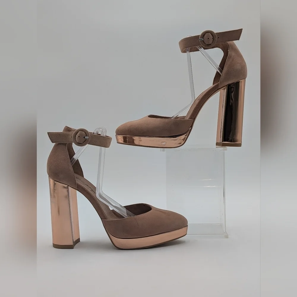 Free People Mix &Mingle Peach Suede Metallic Rose Gold Platform Heels US 7 EU 38